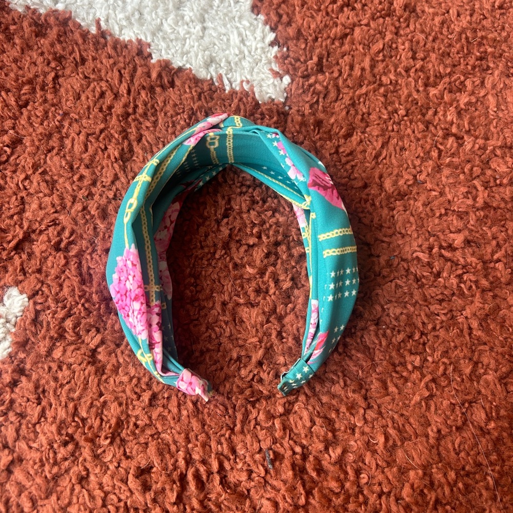 Floral Turquoise Knotted Headband with Pink Flowers
